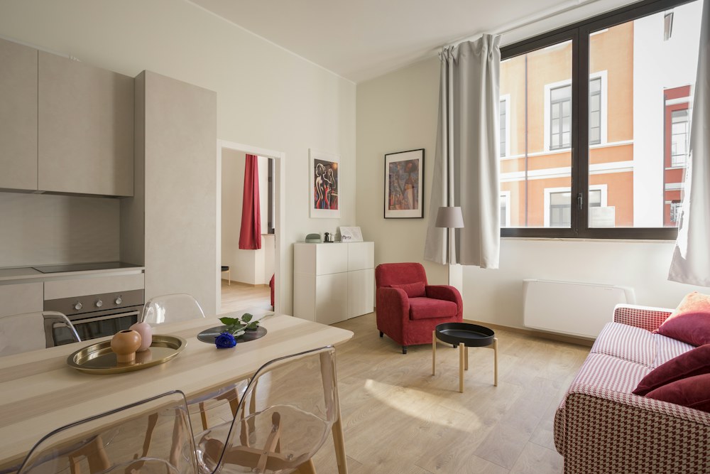 Apartment living area and kitchen